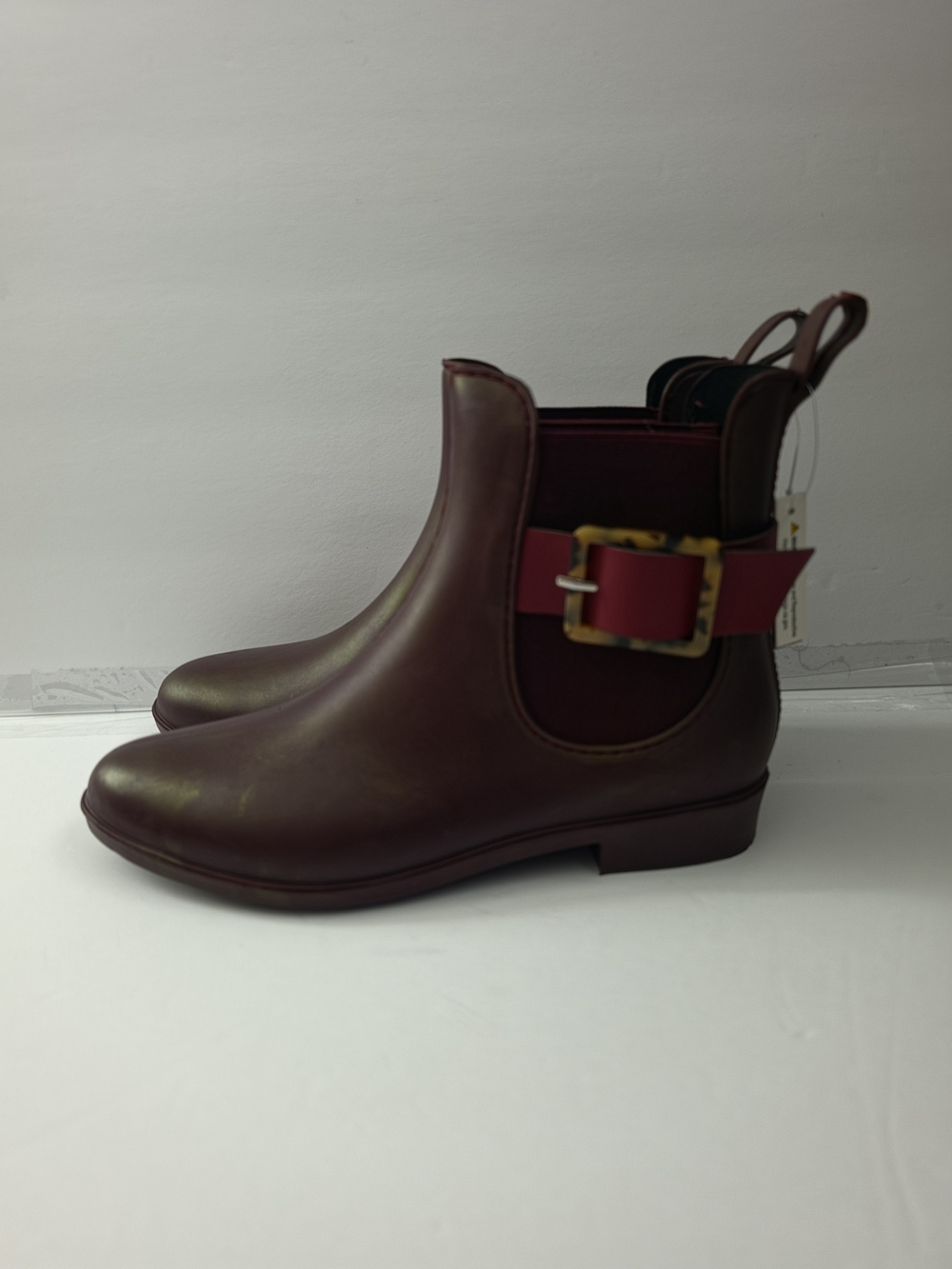 Women's Burgundy Chelsea Rain Boot with Decorative Buckle